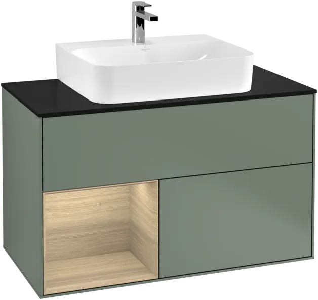 VILLEROY BOCH Toaletní skříňka Finion, s osvětlením, 2 výsuvy, 1000 x 603 x 501 mm, olivový matný lak / dubová dýha / sklo černé matné #F112PCGM