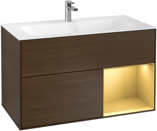 VILLEROY BOCH Toaletní skříňka Finion, s osvětlením, 2 výsuvy, 996 x 591 x 498 mm, ořechová dýha / zlatý matný lak #F040HFGN