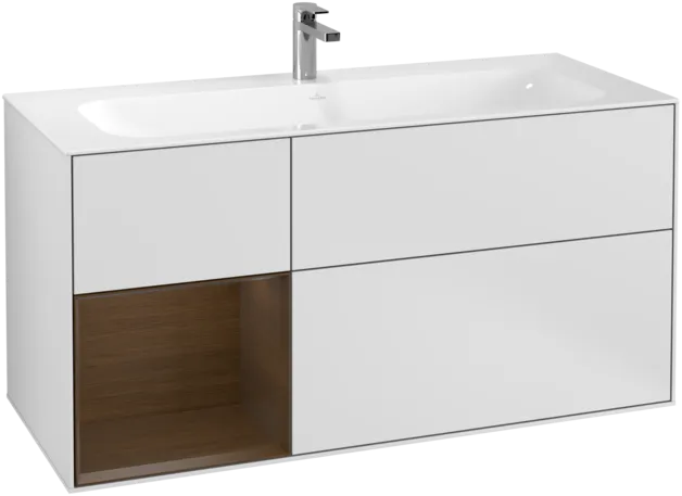 VILLEROY BOCH Toaletní skříňka Finion, s osvětlením, 3 výsuvy, 1196 x 591 x 498 mm, bílý matný lak / ořechová dýha #F060GNMT