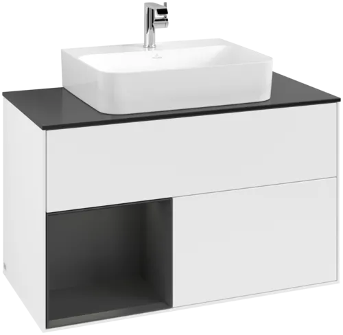 VILLEROY BOCH Toaletní skříňka Finion, s osvětlením, 2 výsuvy, 1000 x 603 x 501 mm, bílý matný lak / hedvábně šedý matný lak / černé matné sklo #F112HJMT