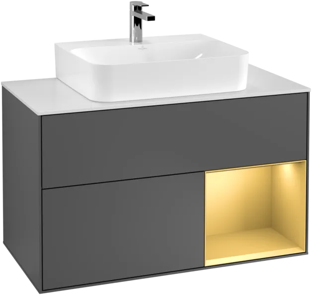 VILLEROY BOCH Toaletní skříňka Finion, s osvětlením, 2 výsuvy, 1000 x 603 x 501 mm, antracitový matný lak / zlatý matný lak / bílé matné sklo #F121HFGK