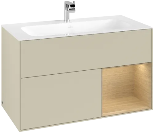 VILLEROY BOCH Toaletní skříňka Finion, s osvětlením, 2 výsuvy, 996 x 591 x 498 mm, hedvábně šedý matný lak / dubová dýha #F040PCHJ
