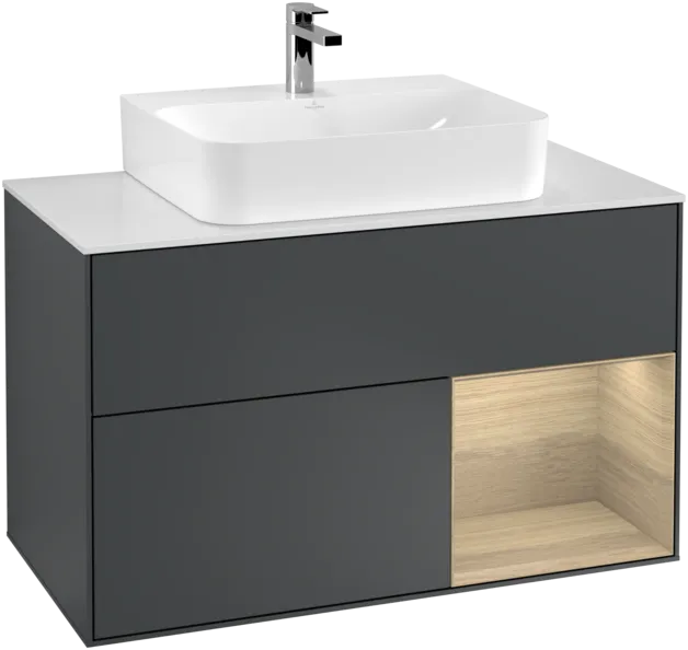 VILLEROY BOCH Toaletní skříňka Finion, s osvětlením, 2 výsuvy, 1000 x 603 x 501 mm, Midnight Blue Matt Lacquer / Oak Veneer / Glass White Matt #F121PCHG