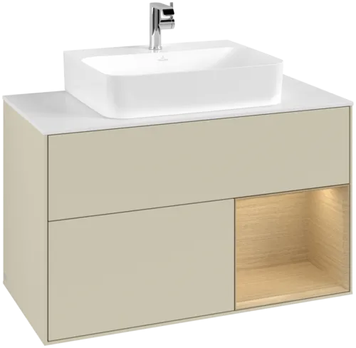 VILLEROY BOCH Toaletní skříňka Finion, s osvětlením, 2 výsuvy, 1000 x 603 x 501 mm, hedvábně šedý matný lak / dubová dýha / sklo bílé matné #F121PCHJ