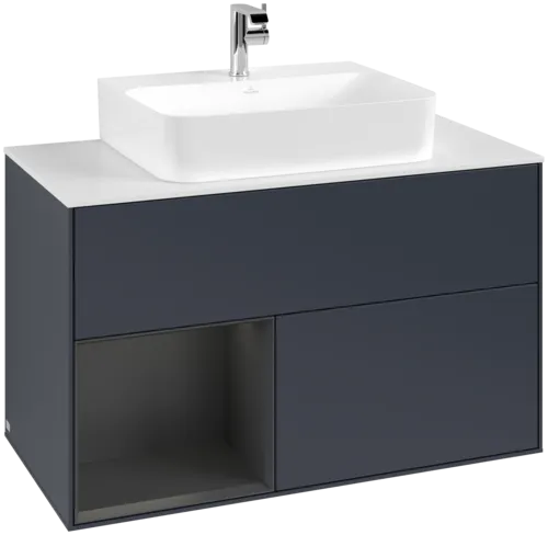 VILLEROY BOCH Toaletní skříňka Finion, s osvětlením, 2 výsuvy, 1000 x 603 x 501 mm, Midnight Blue Matt Lacquer / Silk Grey Matt Lacquer / Glass White Matt #F111HJHG