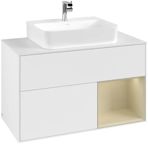 VILLEROY BOCH Toaletní skříňka Finion, s osvětlením, 2 výsuvy, 1000 x 603 x 501 mm, bílý matný lak / hedvábně šedý matný lak / bílé matné sklo #F121HJMT