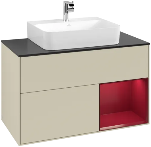 VILLEROY BOCH Toaletní skříňka Finion, s osvětlením, 2 výsuvy, 1000 x 603 x 501 mm, Silk Grey Matt Lacquer / Peony Matt Lacquer / Glass Black Matt #F122HBHJ