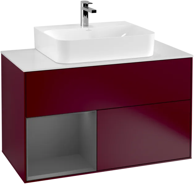 VILLEROY BOCH Toaletní skříňka Finion, s osvětlením, 2 výsuvy, 1000 x 603 x 501 mm, Pivoňka matný lak / Antracit matný lak / Sklo bílé matné #F111GKHB