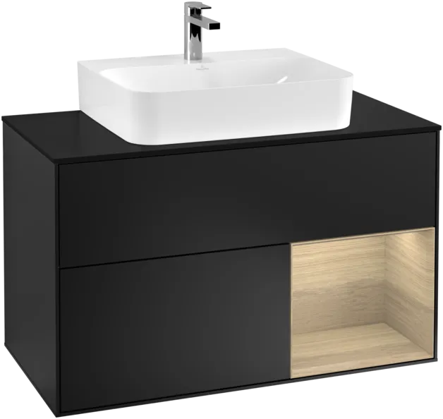 VILLEROY BOCH Toaletní skříňka Finion, s osvětlením, 2 výsuvy, 1000 x 603 x 501 mm, černý matný lak / dubová dýha / černé matné sklo #F122PCPD, obrázek 1