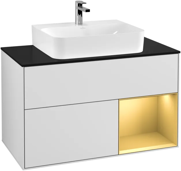 VILLEROY BOCH Toaletní skříňka Finion, s osvětlením, 2 výsuvy, 1000 x 603 x 501 mm, bílý matný lak / zlatý matný lak / černé matné sklo #F122HFMT, obrázek 1