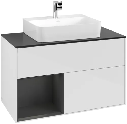 VILLEROY BOCH Toaletní skříňka Finion, s osvětlením, 2 výsuvy, 1000 x 603 x 501 mm, lesklý bílý lak / hedvábně šedý matný lak / černé matné sklo #F112HJGF