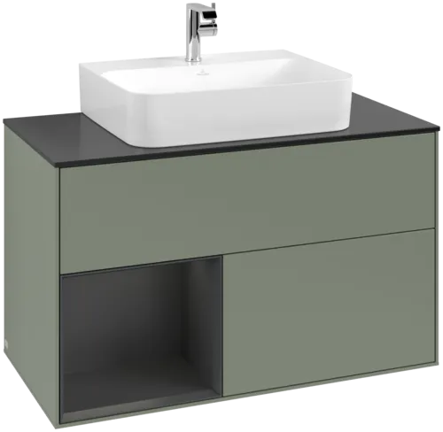 VILLEROY BOCH Toaletní skříňka Finion, s osvětlením, 2 výsuvy, 1000 x 603 x 501 mm, olivový matný lak / hedvábně šedý matný lak / černé matné sklo #F112HJGM