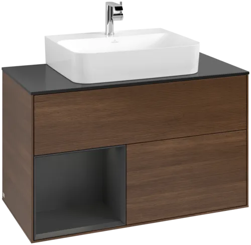 VILLEROY BOCH Toaletní stolek Finion, s osvětlením, 2 výsuvy, 1000 x 603 x 501 mm, ořechová dýha / hedvábně šedý matný lak / sklo černé matné #F112HJGN