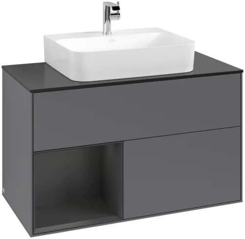 VILLEROY BOCH Toaletní skříňka Finion, s osvětlením, 2 výsuvy, 1000 x 603 x 501 mm, antracitový matný lak / hedvábně šedý matný lak / černé matné sklo #F112HJGK