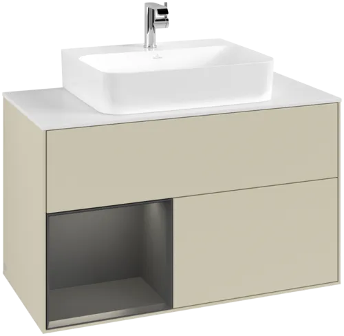 VILLEROY BOCH Toaletní skříňka Finion, s osvětlením, 2 výsuvy, 1000 x 603 x 501 mm, hedvábně šedý matný lak / olivový matný lak / bílé matné sklo #F111GMHJ