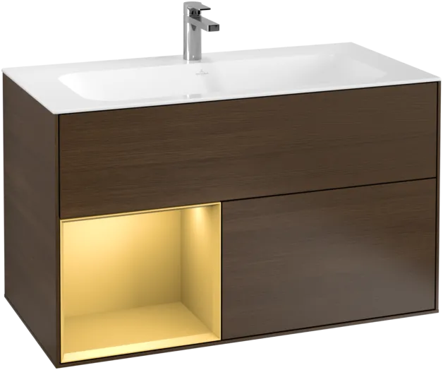 VILLEROY BOCH Toaletní skříňka Finion, s osvětlením, 2 výsuvy, 996 x 591 x 498 mm, ořechová dýha / zlatý matný lak #F030HFGN