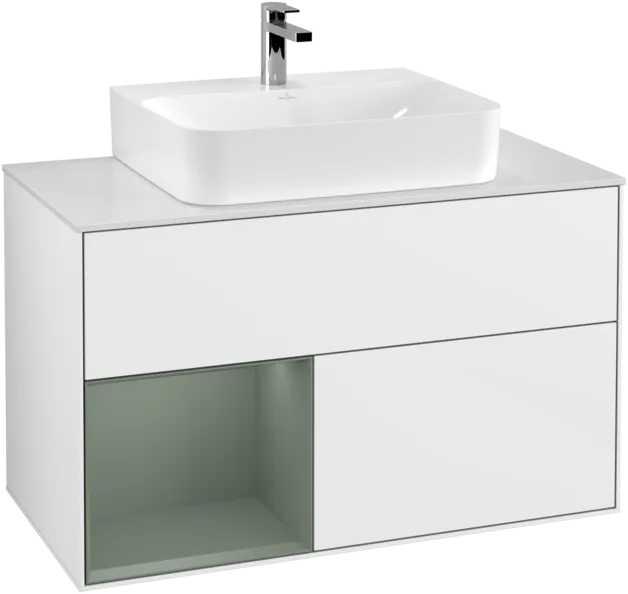 VILLEROY BOCH Toaletní skříňka Finion, s osvětlením, 2 výsuvy, 1000 x 603 x 501 mm, lesklý bílý lak / olivově matný lak / sklo bílé matné #F111GMGF