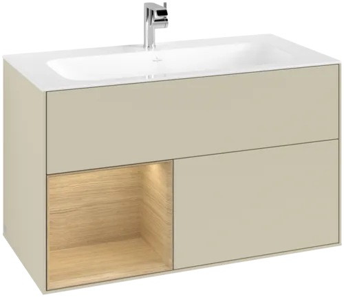 VILLEROY BOCH Toaletní skříňka Finion, s osvětlením, 2 výsuvy, 996 x 591 x 498 mm, hedvábně šedý matný lak / dubová dýha #F030PCHJ