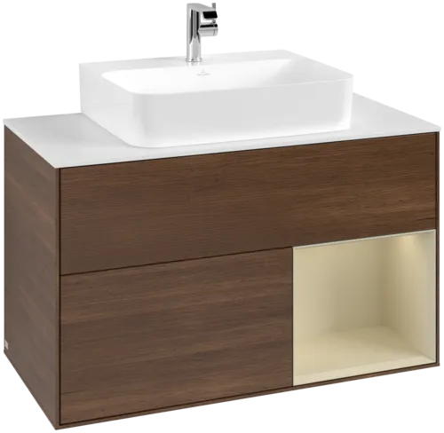 VILLEROY BOCH Toaletní skříňka Finion, s osvětlením, 2 výsuvy, 1000 x 603 x 501 mm, ořechová dýha / hedvábně šedý matný lak / sklo bílé matné #F121HJGN