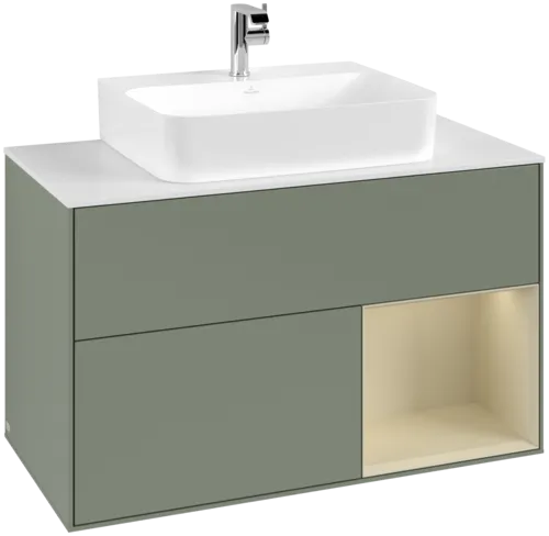 VILLEROY BOCH Toaletní skříňka Finion, s osvětlením, 2 výsuvy, 1000 x 603 x 501 mm, olivový matný lak / hedvábně šedý matný lak / bílé matné sklo #F121HJGM