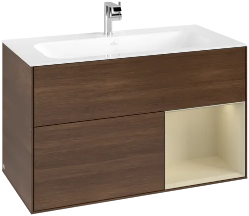VILLEROY BOCH Toaletní skříňka Finion, s osvětlením, 2 výsuvy, 996 x 591 x 498 mm, ořechová dýha / hedvábně šedý matný lak #F040HJGN