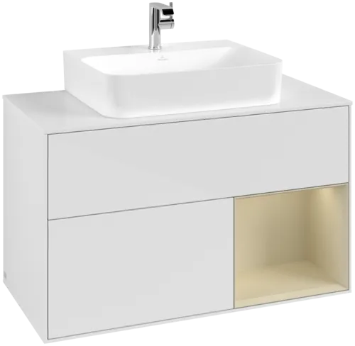 VILLEROY BOCH Toaletní skříňka Finion, s osvětlením, 2 výsuvy, 1000 x 603 x 501 mm, lesklý bílý lak / hedvábně šedý matný lak / bílé matné sklo #F121HJGF
