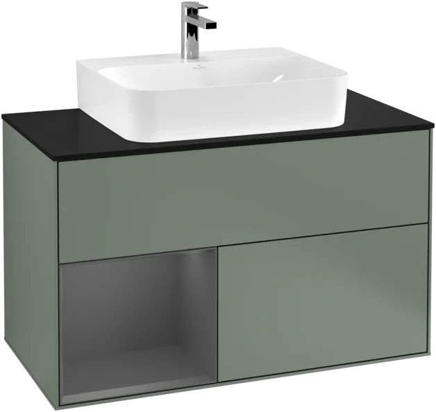 VILLEROY BOCH Toaletní skříňka Finion, s osvětlením, 2 výsuvy, 1000 x 603 x 501 mm, olivový matný lak / antracitový matný lak / černé matné sklo #F112GKGM