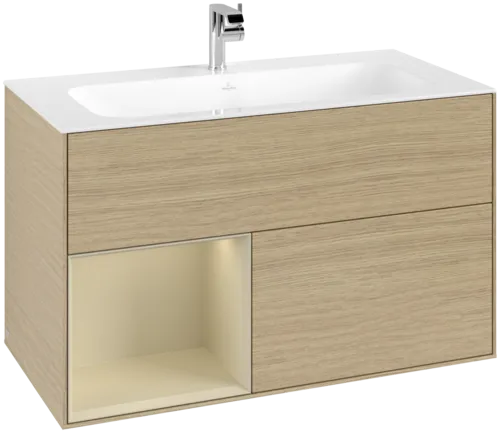 VILLEROY BOCH Toaletní skříňka Finion, s osvětlením, 2 výsuvy, 996 x 591 x 498 mm, dubová dýha / hedvábně šedý matný lak #F030HJPC