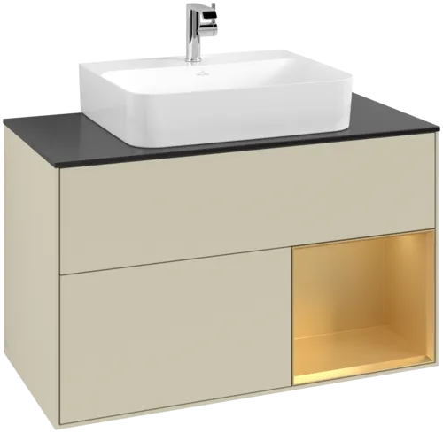 VILLEROY BOCH Toaletní skříňka Finion, s osvětlením, 2 výsuvy, 1000 x 603 x 501 mm, Silk Grey Matt Lacquer / Gold Matt Lacquer / Glass Black Matt #F122HFHJ