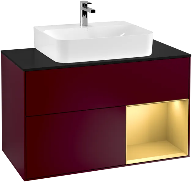 VILLEROY BOCH Toaletní skříňka Finion, s osvětlením, 2 výsuvy, 1000 x 603 x 501 mm, Peony Matt Lacquer / Gold Matt Lacquer / Glass Black Matt #F122HFHB