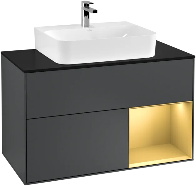 VILLEROY BOCH Toaletní skříňka Finion, s osvětlením, 2 výsuvy, 1000 x 603 x 501 mm, Midnight Blue Matt Lacquer / Gold Matt Lacquer / Glass Black Matt #F122HFHG