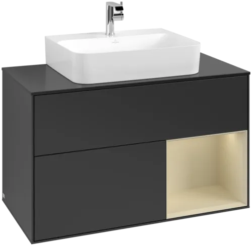 VILLEROY BOCH Toaletní skříňka Finion, s osvětlením, 2 výsuvy, 1000 x 603 x 501 mm, černý matný lak / hedvábně šedý matný lak / černé matné sklo #F122HJPD
