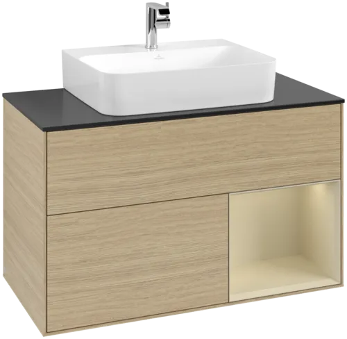 VILLEROY BOCH Toaletní skříňka Finion, s osvětlením, 2 výsuvy, 1000 x 603 x 501 mm, dubová dýha / hedvábně šedý matný lak / sklo černé matné #F122HJPC