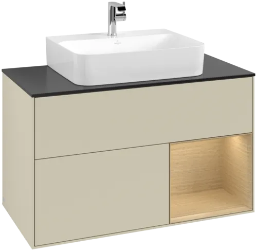 VILLEROY BOCH Toaletní skříňka Finion, s osvětlením, 2 výsuvy, 1000 x 603 x 501 mm, hedvábně šedý matný lak / dubová dýha / černé matné sklo #F122PCHJ