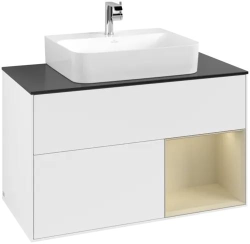 VILLEROY BOCH Toaletní skříňka Finion, s osvětlením, 2 výsuvy, 1000 x 603 x 501 mm, bílý matný lak / hedvábně šedý matný lak / černé matné sklo #F122HJMT