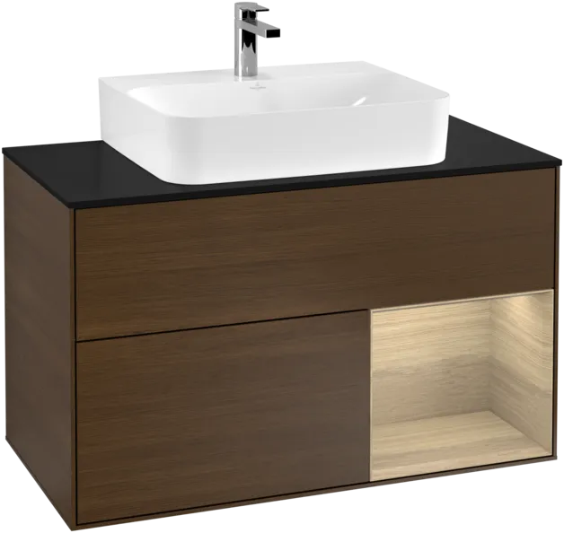 VILLEROY BOCH Toaletní stolek Finion, s osvětlením, 2 výsuvy, 1000 x 603 x 501 mm, ořechová dýha / dubová dýha / sklo černé matné #F122PCGN