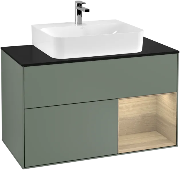 VILLEROY BOCH Toaletní skříňka Finion, s osvětlením, 2 výsuvy, 1000 x 603 x 501 mm, olivový matný lak / dubová dýha / sklo černé matné #F122PCGM