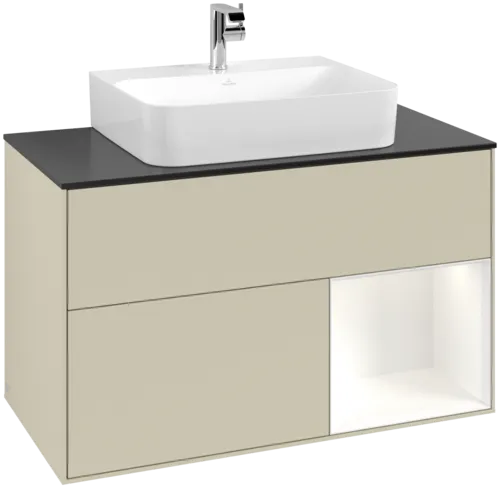 VILLEROY BOCH Toaletní skříňka Finion, s osvětlením, 2 výsuvy, 1000 x 603 x 501 mm, hedvábně šedý matný lak / bílý matný lak / černé matné sklo #F122MTHJ