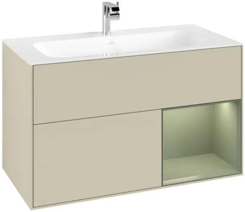 VILLEROY BOCH Toaletní skříňka Finion, s osvětlením, 2 výsuvy, 996 x 591 x 498 mm, hedvábně šedý matný lak / olivově matný lak #F040GMHJ