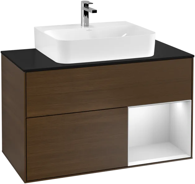VILLEROY BOCH Toaletní skříňka Finion, s osvětlením, 2 výsuvy, 1000 x 603 x 501 mm, ořechová dýha / bílý matný lak / černé matné sklo #F122MTGN, obrázek 1