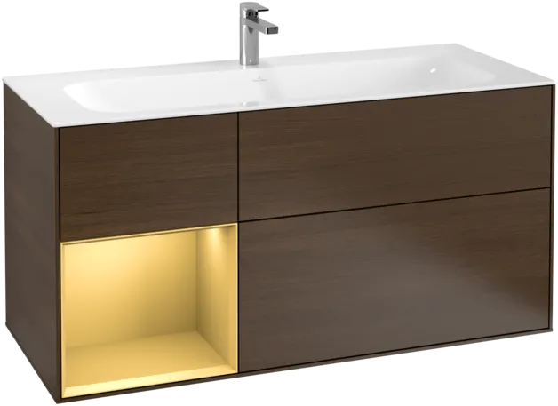 VILLEROY BOCH Toaletní skříňka Finion, s osvětlením, 3 výsuvy, 1196 x 591 x 498 mm, ořechová dýha / zlatý matný lak #F060HFGN