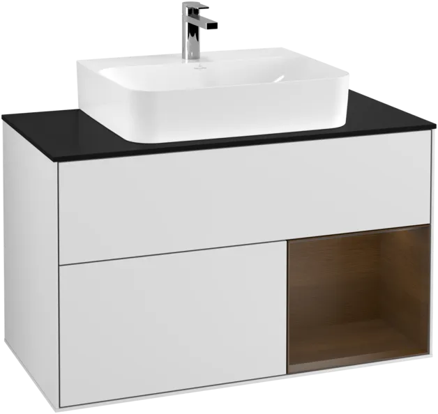 VILLEROY BOCH Toaletní skříňka Finion, s osvětlením, 2 výsuvy, 1000 x 603 x 501 mm, bílý matný lak / ořechová dýha / černé matné sklo #F122GNMT