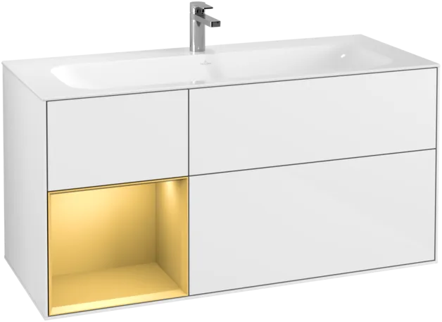 VILLEROY BOCH Toaletní skříňka Finion, s osvětlením, 3 výsuvy, 1196 x 591 x 498 mm, lesklý bílý lak / zlatý matný lak #F060HFGF