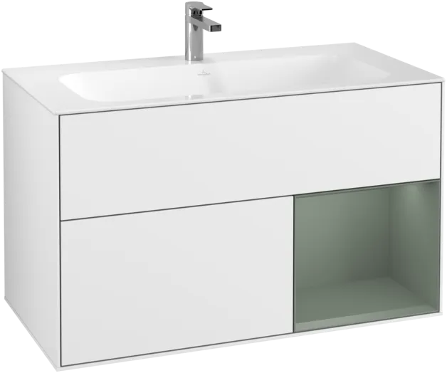 VILLEROY BOCH Toaletní skříňka Finion, s osvětlením, 2 výsuvy, 996 x 591 x 498 mm, lesklý bílý lak / olivově matný lak #F040GMGF