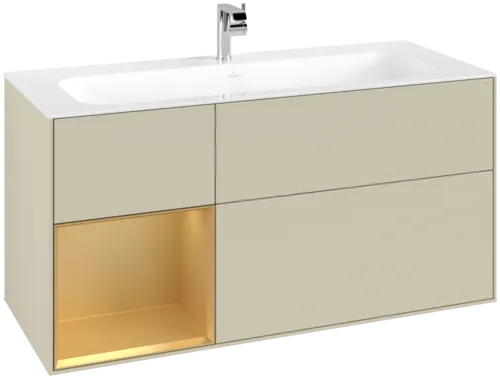 VILLEROY BOCH Toaletní skříňka Finion, s osvětlením, 3 výsuvy, 1196 x 591 x 498 mm, hedvábně šedý matný lak / zlatý matný lak #F060HFHJ