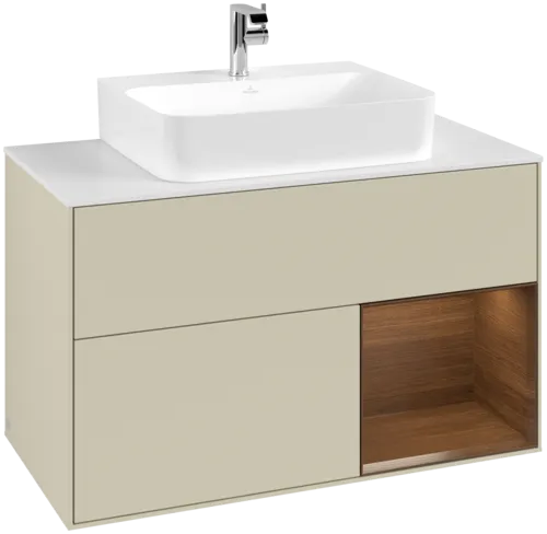VILLEROY BOCH Toaletní skříňka Finion, s osvětlením, 2 výsuvy, 1000 x 603 x 501 mm, hedvábně šedý matný lak / ořechová dýha / sklo bílé matné #F121GNHJ