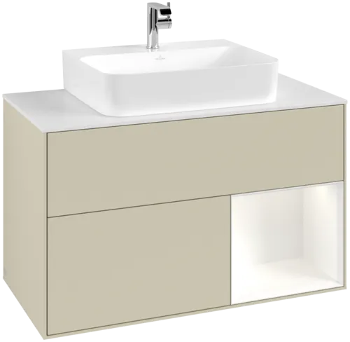 VILLEROY BOCH Toaletní skříňka Finion, s osvětlením, 2 výsuvy, 1000 x 603 x 501 mm, Silk Grey Matt Lacquer / White Matt Lacquer / Glass White Matt #F121MTHJ