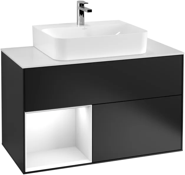 VILLEROY BOCH Toaletní skříňka Finion, s osvětlením, 2 výsuvy, 1000 x 603 x 501 mm, černý matný lak / bílý lesklý lak / bílé matné sklo #F111GFPD