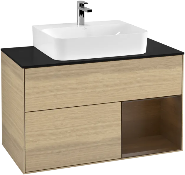 VILLEROY BOCH Toaletní stolek Finion, s osvětlením, 2 výsuvy, 1000 x 603 x 501 mm, dubová dýha / ořechová dýha / sklo černé matné #F122GNPC