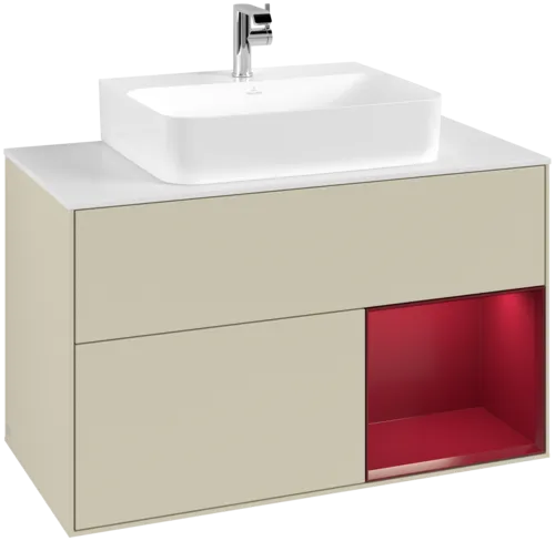 VILLEROY BOCH Toaletní skříňka Finion, s osvětlením, 2 výsuvy, 1000 x 603 x 501 mm, Silk Grey Matt Lacquer / Peony Matt Lacquer / Glass White Matt #F121HBHJ